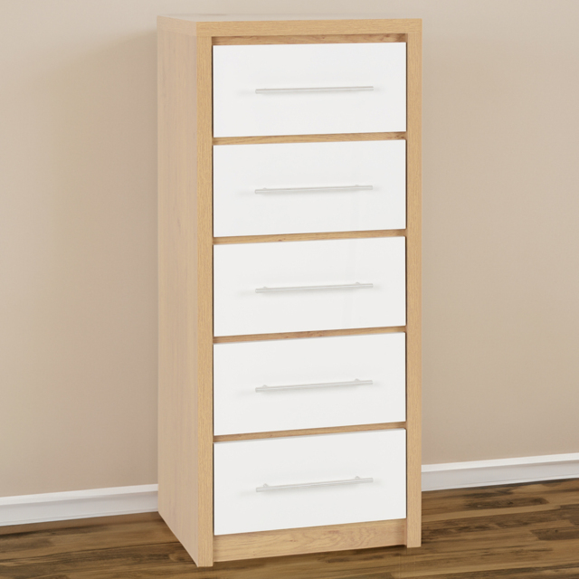 Seconique Seville 5 Drawer White Gloss Light Oak Effect Veneer Narrow Chest of Drawers - Wilko - image 1