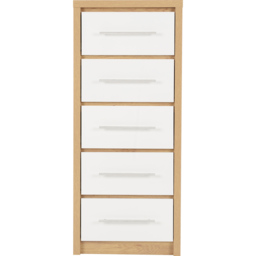 Seconique Seville 5 Drawer White Gloss Light Oak Effect Veneer Narrow Chest of Drawers - Wilko - thumbnail 4