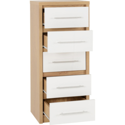 Seconique Seville 5 Drawer White Gloss Light Oak Effect Veneer Narrow Chest of Drawers - Wilko - thumbnail 5
