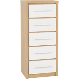 Seconique Seville 5 Drawer White Gloss Light Oak Effect Veneer Narrow Chest of Drawers - Wilko - thumbnail 3