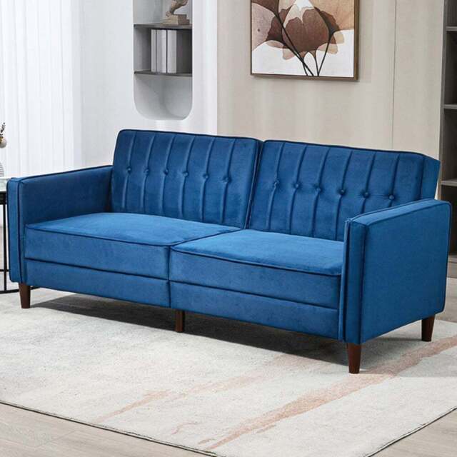 HOMCOM 3 Seater Blue Velvet Button Tufted Sofa Bed - Wilko - image 1