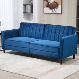 HOMCOM 3 Seater Blue Velvet Button Tufted Sofa Bed - Wilko - thumbnail 1