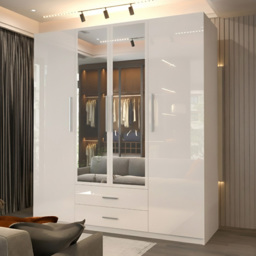 Sliding Wardrobes 4U 4 Door 2 Drawer White High Gloss Hinge Door Wardrobe 160cm - Size: 4 Door, 2 Drawer - Wilko