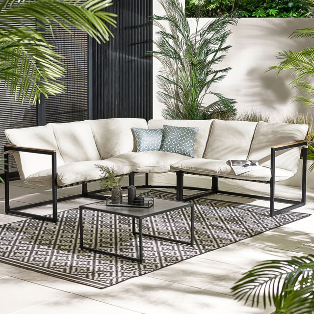 Furniturebox Piasa 6 Seater Black and Cream Outdoor Corner Sofa Set - Wilko - image 1