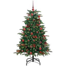vidaXL Pre-Lit Warm White LED and Red Baubles Green Artificial Christmas Tree with Stand 4.9ft - Wilko
