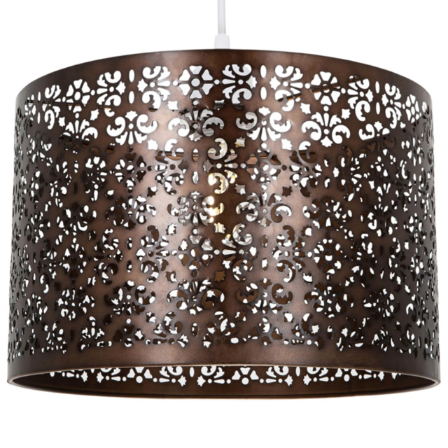 Happy Homewares Marrakech Designed Matt Bronze Metal Pendant Shade with Floral Decoration - Size: 19 x 29 x 29cm - Brown - Wilko