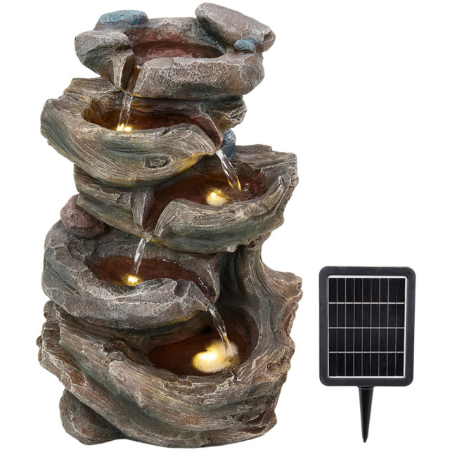Living and Home 5-Tier Tiered Log Wood and Rock Effect Solar LED Water Feature - Size: 45 x 27 x 19cm - Brown - Wilko - image 1