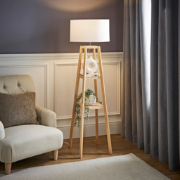ValueLights Wakefield White Fabric Shade Quad Base LED Floor Lamp with 2 Shelves - Cream - Wilko - thumbnail 3