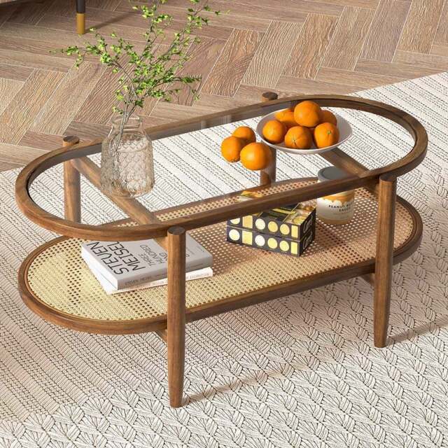Costway Single Shelf PE Rattan Coffee Table - Size: 111 x 65 x 15cm - Brown - Wilko - image 1