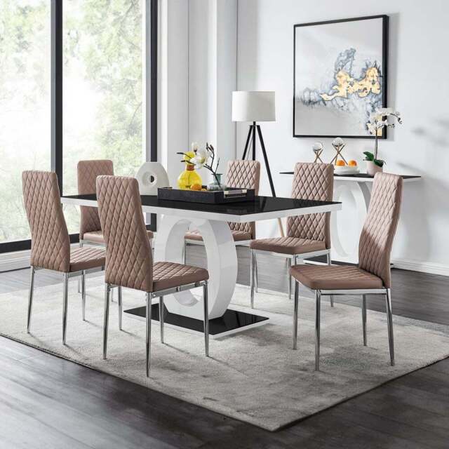Furniturebox Lucia Valera 6 Seater Dining Set Grey Gloss Cappuccino and Chrome - Brown - Wilko - image 1
