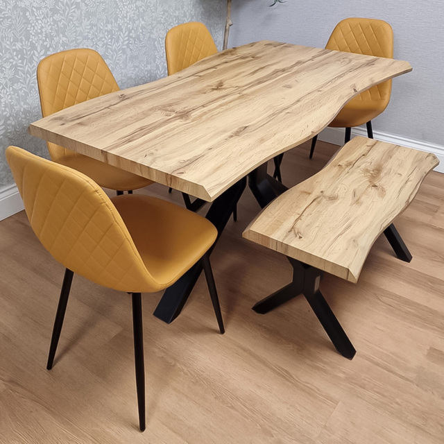 Portland 6 Seater Gem Pattern Wooden Tabletop Dining Bench Set Mustard - Wilko - image 1