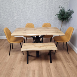 Portland 6 Seater Gem Pattern Wooden Tabletop Dining Bench Set Mustard - Wilko - thumbnail 6