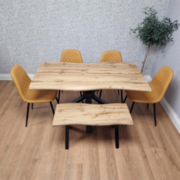 Portland 6 Seater Gem Pattern Wooden Tabletop Dining Bench Set Mustard - Wilko - thumbnail 5