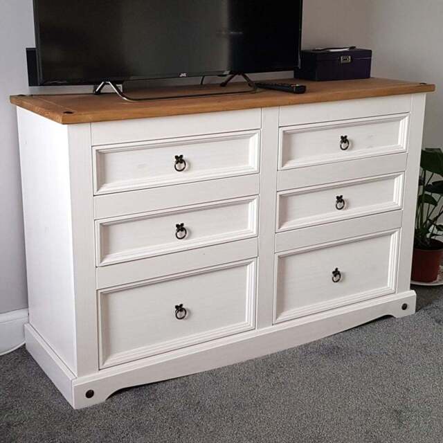 Corona 6 Drawer White Washed Wax Wide Chest of Drawers - Wilko - image 1