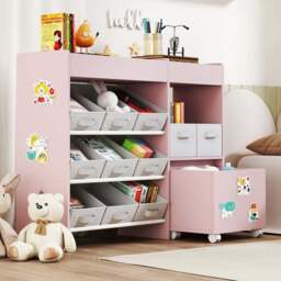 AIYAPLAY 11 Bin Pink Kids Toy Storage Unit with 3 Stickers - Size: 80 x 30 x 105cm - Wilko - thumbnail 1