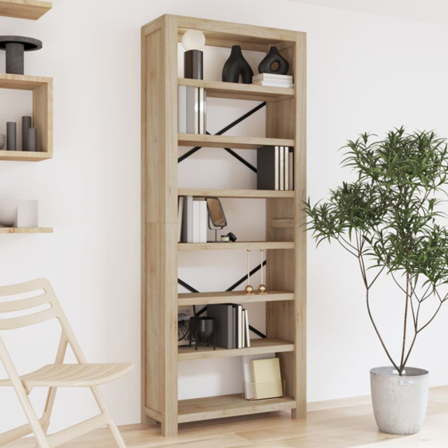 vidaXL 7 Shelf Natural Solid Acacia Wood Tall Bookcase - Size: 200 x 80 x 30cm - Brown - Wilko - image 1