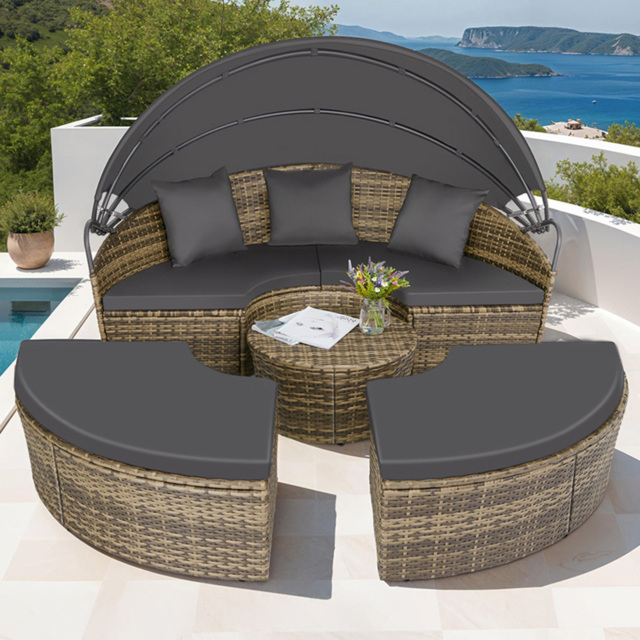 tectake Santorini Nature Sun Lounger with Shade Canopy - Size: 136 x 171 x 175cm - Brown - Wilko - image 1