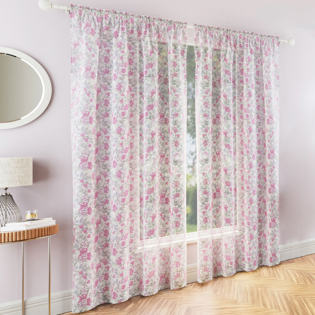 Tyrone Textiles Mia Pink Floral Print Sheer Rod Pocket Voile Panel Curtains 140 x 183cm - Size: W 140 x D 183cm - Wilko - image 1