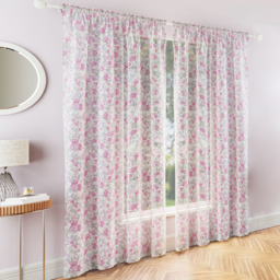 Tyrone Textiles Mia Pink Floral Print Sheer Rod Pocket Voile Panel Curtains 140 x 183cm - Size: W 140 x D 183cm - Wilko