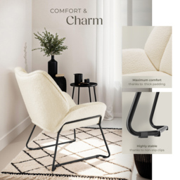 tectake Kjeld Cream Boucle Armchair - Size: Single - White - Wilko - thumbnail 5