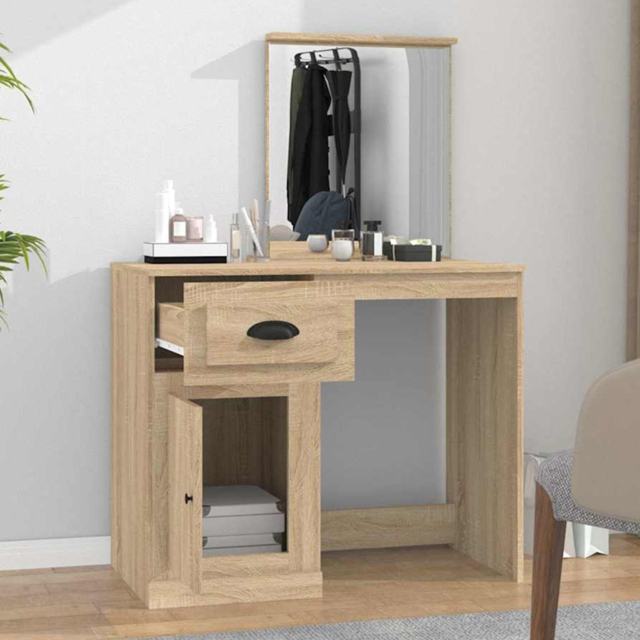vidaXL Single Door Single Drawer Sonoma Oak Dressing Table with Mirror - Size: 132.5 x 90 x 50cm - Brown - Wilko - image 1