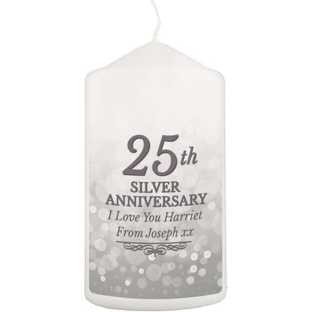 Personalised Memento Personalised 25th Silver Anniversary Pillar Candle - Size: 0.7 x 1.3 x 0.7cm - White - Wilko - image 1