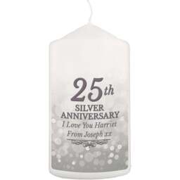 Personalised Memento Personalised 25th Silver Anniversary Pillar Candle - Size: 0.7 x 1.3 x 0.7cm - White - Wilko