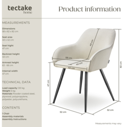 tectake Marilyn Cream and Black Corduroy Padded Dining Chair - Size: 82 x 62 x 58cm - Wilko - thumbnail 6