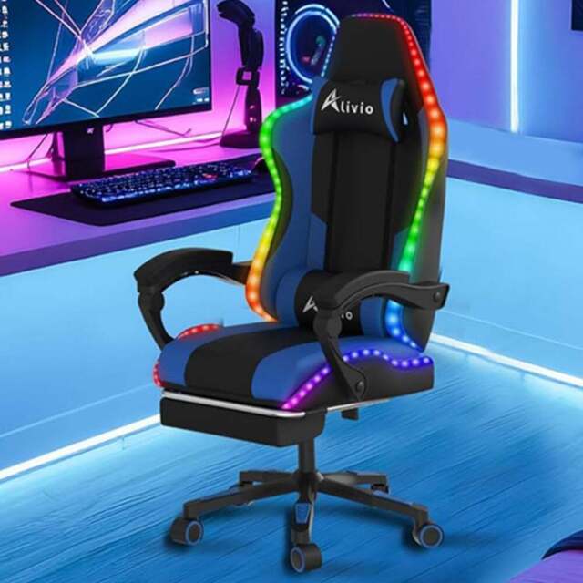 Alivio Blue PU Leather Wireless App Control LED Gaming Chair with Massage Lumbar Cushion - Size: 124 x 65.5 x 62cm - Wilko - image 1