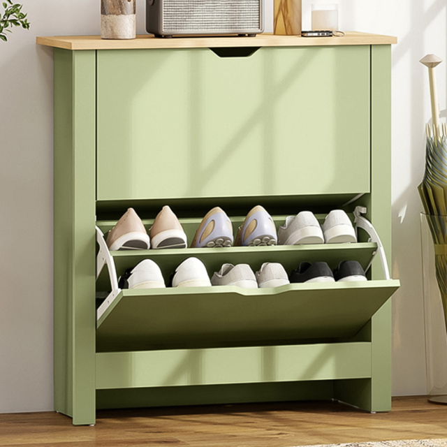 HOMCOM 2 Flip Down Drawer Charcoal Green Shoe Cabinet - Size: 80 x 26 x 72cm - Wilko - image 1