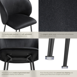 tectake Luana Black Velvet Look Padded Bar Stool Set of 2 - Wilko - thumbnail 4