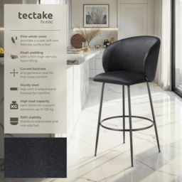 tectake Luana Black Velvet Look Padded Bar Stool Set of 2 - Wilko - thumbnail 7