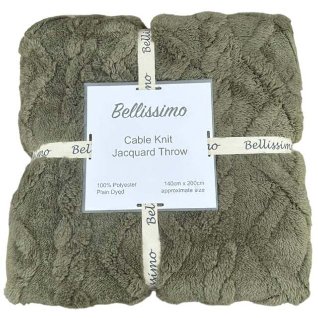 Bellissimo Cable Knit Olive Jacquard Fleece Throw 200 x 140cm - Green - Wilko - image 1