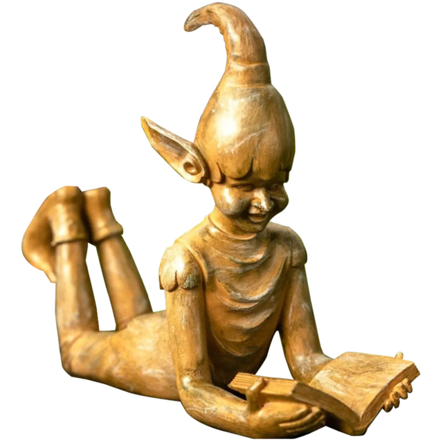 Marco Paul Bronze Lying Elf Reading a Book Garden Ornament - Size: 41 x 20 x 10cm - Brown - Wilko - image 1