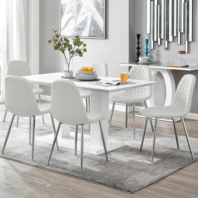 Furniturebox Molini Solara 6 Seater Dining Set White Gloss and Chrome - Wilko - image 1