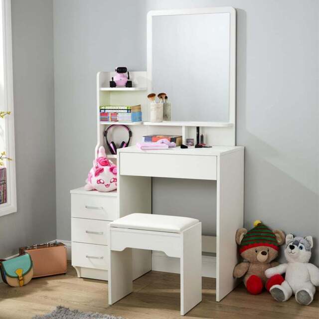 Home Source Arlo 4 Drawer 4 Shelf White Vanity Table and Cushioned Stool Set with Mirror - Size: 149 x 87 x 40cm - Wilko - image 1