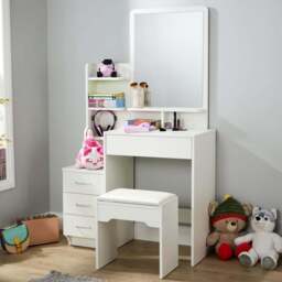Home Source Arlo 4 Drawer 4 Shelf White Vanity Table and Cushioned Stool Set with Mirror - Size: 149 x 87 x 40cm - Wilko