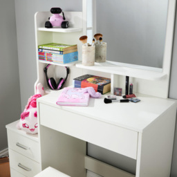 Home Source Arlo 4 Drawer 4 Shelf White Vanity Table and Cushioned Stool Set with Mirror - Size: 149 x 87 x 40cm - Wilko - thumbnail 4