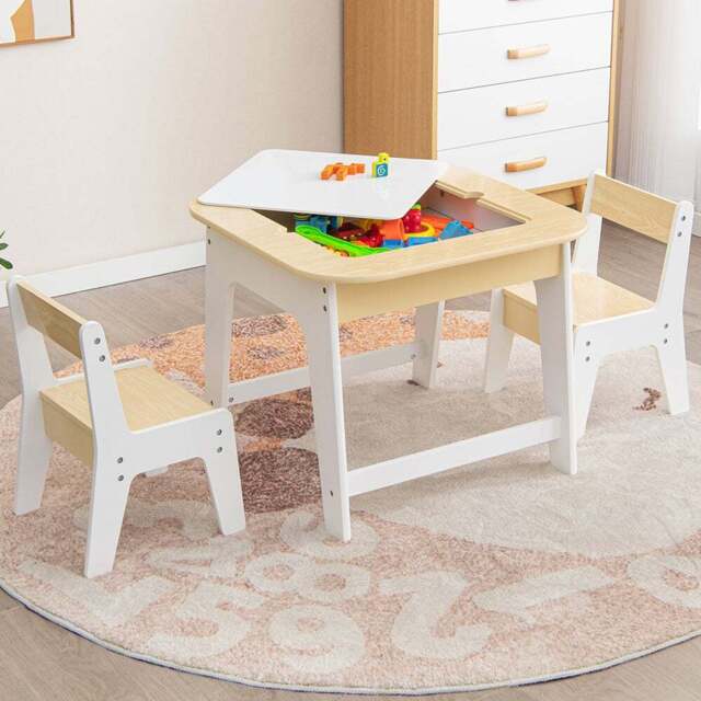 Costway 2 Seater Kids Natural Table and Chair Set with Hidden Storage - Size: 70 x 68 x 10cm - Cream - Wilko - image 1