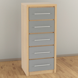 Seconique Seville 5 Drawer Grey Gloss Light Oak Effect Veneer Narrow Chest of Drawers - Wilko