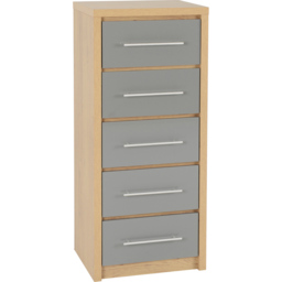 Seconique Seville 5 Drawer Grey Gloss Light Oak Effect Veneer Narrow Chest of Drawers - Wilko - thumbnail 3