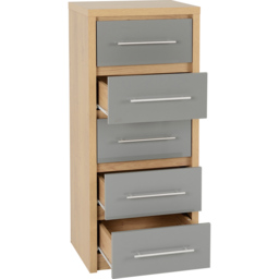 Seconique Seville 5 Drawer Grey Gloss Light Oak Effect Veneer Narrow Chest of Drawers - Wilko - thumbnail 5