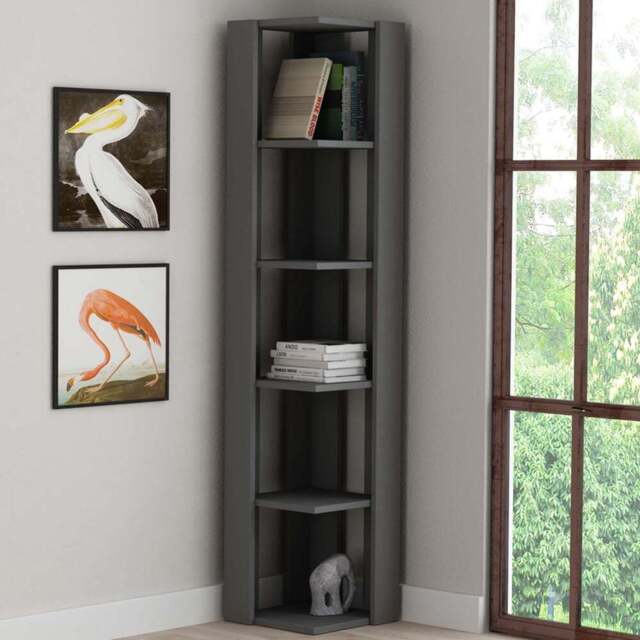 Decortie Nati 5 Shelf Anthracite Modern Corner Tall Bookcase - Black - Wilko - image 1