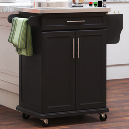 Portland Black 2 Door Single Drawer Kitchen Island with Wheels - Size: 83.5 x 45.7 x 90.5cm - Wilko - thumbnail 3