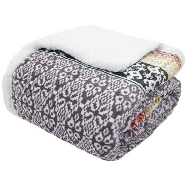 Velosso Charcoal Aztec Sherpa Backed Throw 130 x 180cm - Size: 130 x 180 x 1cm - Wilko - image 1