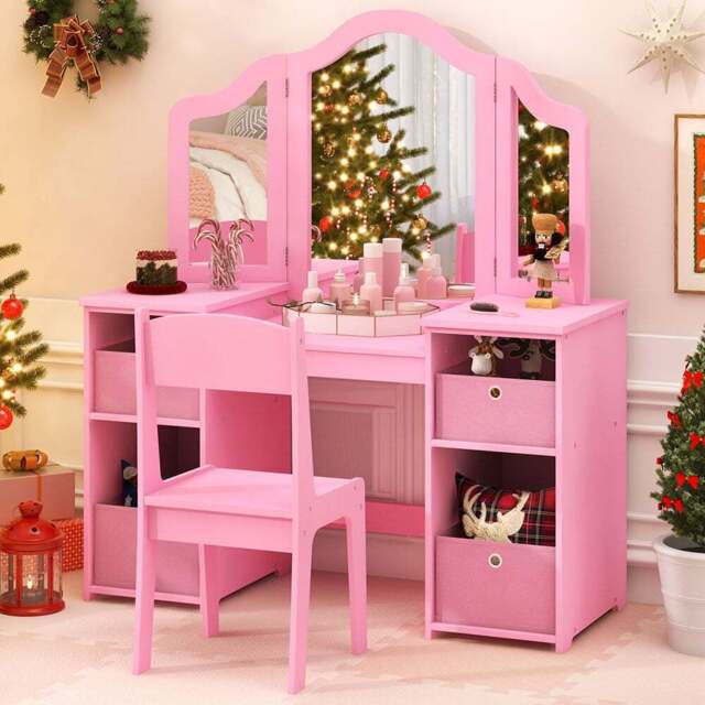 Costway Kids Pink Vanity Table and Chair Set with Removable Mirror - Size: 77 x 58 x 24cm - Wilko - image 1