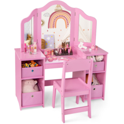 Costway Kids Pink Vanity Table and Chair Set with Removable Mirror - Size: 77 x 58 x 24cm - Wilko - thumbnail 3