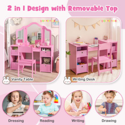 Costway Kids Pink Vanity Table and Chair Set with Removable Mirror - Size: 77 x 58 x 24cm - Wilko - thumbnail 7