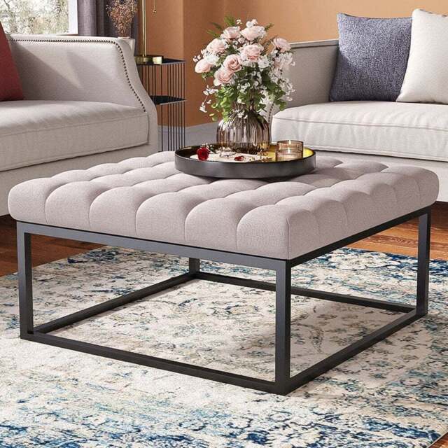 Living and Home Square Linen Fabric Footstool with Metal Frame - Size: 46 x 84 x 80cm - Cream - Wilko - image 1
