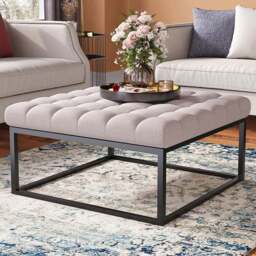 Living and Home Square Linen Fabric Footstool with Metal Frame - Size: 46 x 84 x 80cm - Cream - Wilko